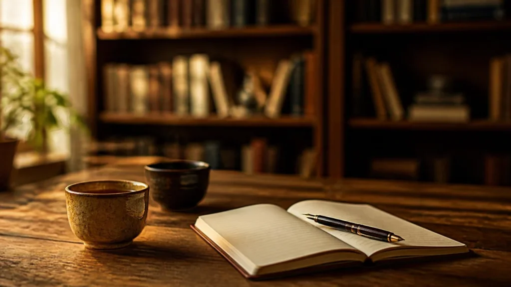 私人課程：書房木桌上的茶杯與筆記本